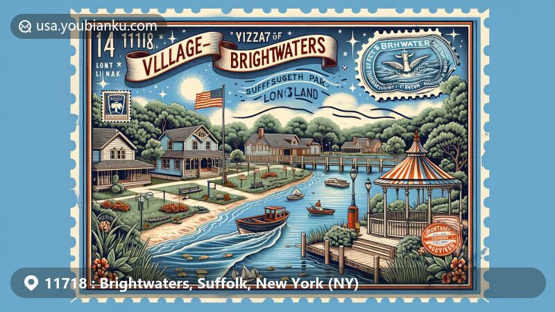 Modern illustration of Brightwaters Village, Suffolk County, Long Island, New York, featuring postal theme with unique ZIP code '11718 Brightwaters, NY', showcasing landmarks like Wohseepee Park, Gilbert Park, and Brightwaters Canal.