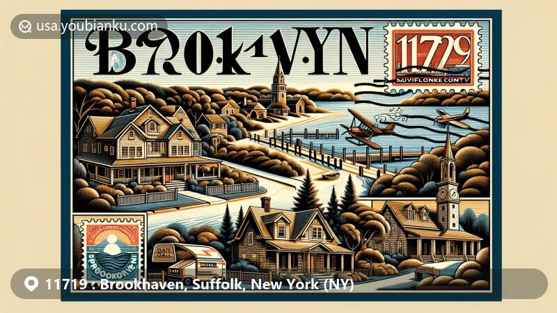 Modern illustration of Brookhaven, Suffolk County, New York, highlighting postal theme with ZIP code 11719, showcasing Brewster House, Caroline Church, and Long Island's natural beauty.