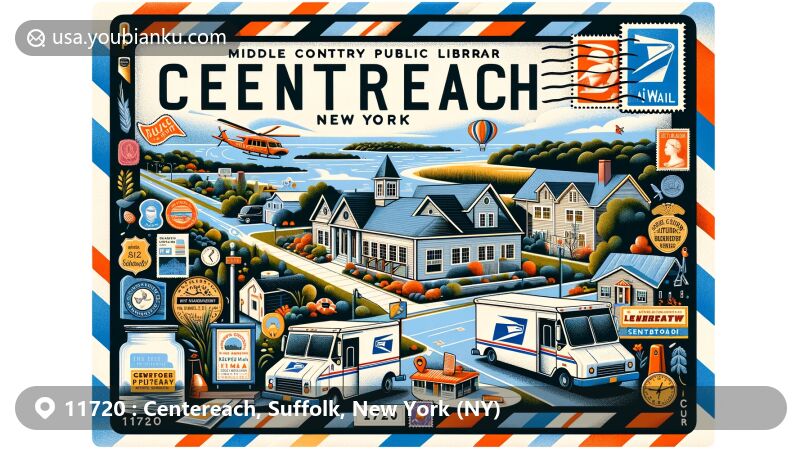 Modern illustration of Centereach, Suffolk County, New York, featuring postal theme with ZIP code 11720, showcasing Middle Country Public Library and Lake Ronkonkoma.
