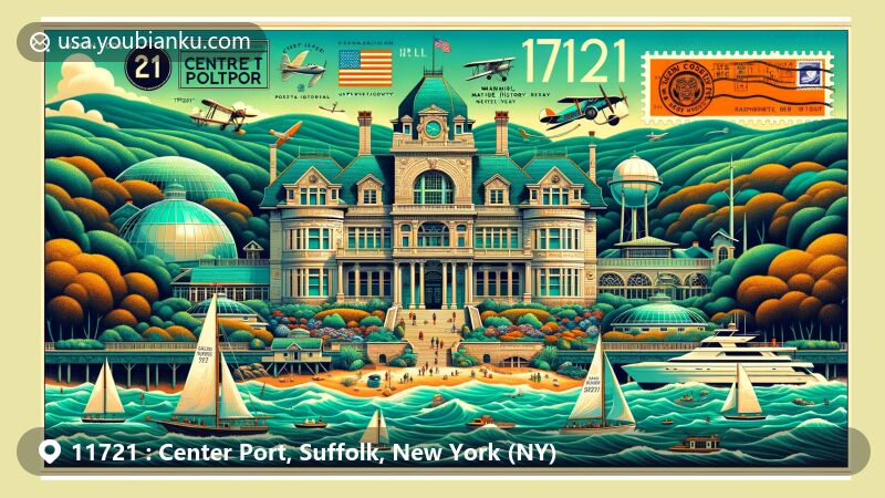 Modern illustration of Center Port, Suffolk County, New York, capturing the essence of ZIP code 11721, showcasing the Vanderbilt Museum, Long Island's Gold Coast Era elements, postal symbols, and the area's maritime culture.