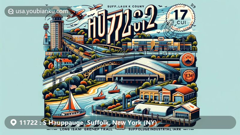 Modern illustration of S Hauppauge, 11722 ZIP code area in Suffolk County, New York, featuring Long Island Greenbelt Trail and Hauppauge Industrial Park, showcasing local culture and landmarks with postal elements.