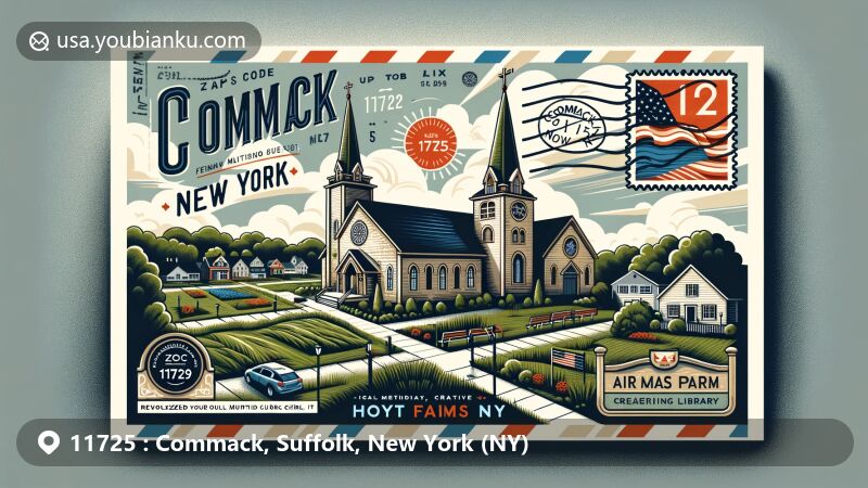Modern illustration of Commack, Suffolk County, New York, featuring landmarks like Commack Methodist Church, Hoyt Farms Park, and Commack Public Library, with postal elements showcasing ZIP code 11725.