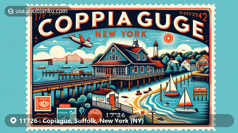 Modern illustration of Copiague, Suffolk County, New York, highlighting postal theme with ZIP code 11726, featuring Great South Bay and Copiague Harbor, showcasing cultural diversity and vibrant community life.