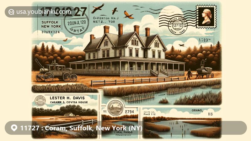 Modern illustration of Coram, Suffolk County, New York, highlighting postal theme with ZIP code 11727, featuring Lester H. Davis House and Overton or Coram Ponds Preserve.