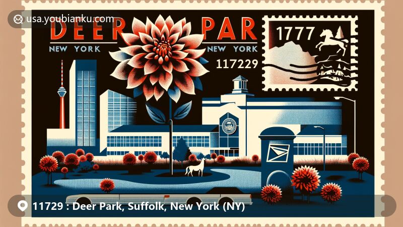 Modern illustration of Deer Park, New York 11729 postal area, featuring Tanger Outlets, dahlias, New York state flag, postage stamp with ZIP code 11729, mailbox, and postmark effect.