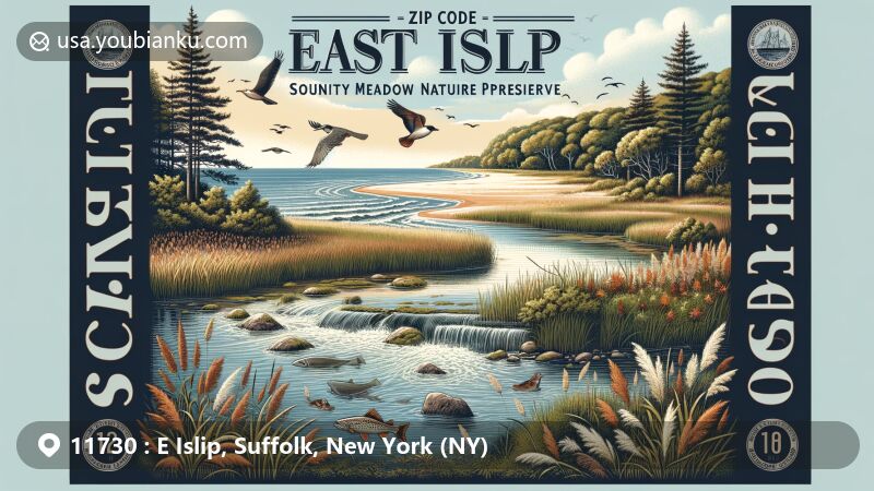 Modern illustration of East Islip, Suffolk, New York, highlighting natural beauty of Islip Meadows County Nature Preserve and Champlin Creek Nature Preserve, featuring Great South Bay, brook trout, birds, and postal elements with ZIP code 11730.