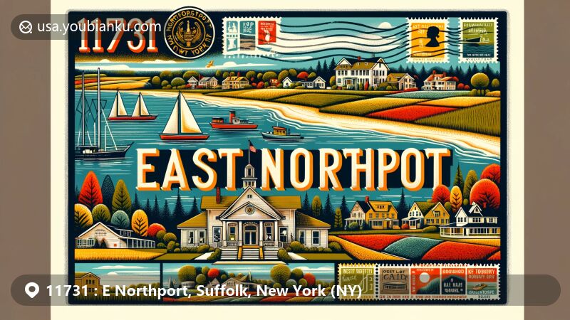 Modern illustration of East Northport, Suffolk County, New York, showcasing postal theme with ZIP code 11731, featuring Clay Pitts red clay, farmland history, modern suburban community, and Northport-East Northport Union Free School District pride.