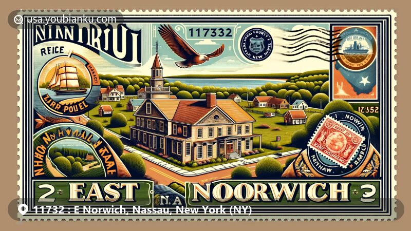 Modern illustration of East Norwich, Nassau County, New York, featuring vintage air mail envelope with ZIP code 11732, showcasing Raynham Hall Museum and Nassau County emblem.