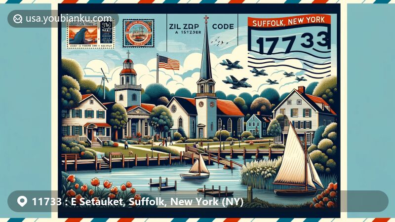 Modern illustration of E Setauket, Suffolk County, New York, featuring New England-style village green, historic Caroline Church, Setauket Presbyterian Church, and motifs of Culper Spy Ring from American Revolution, set against postal-themed background with ZIP code 11733 and maritime elements.