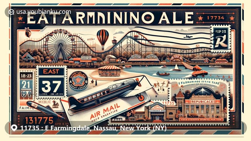 Modern illustration of Farmingdale, New York, showcasing iconic landmarks like Adventureland, Republic Airport, and Farmingdale State College with historical references to Long Island Rail Road and Mile-a-Minute Murphy. Creative envelope design featuring stamps representing local highlights and ZIP code 11735. Diverse community textures hinting at suburban and industrial landscapes within the area. Contemporary and vibrant style capturing the essence of Farmingdale community spirit and rich history.