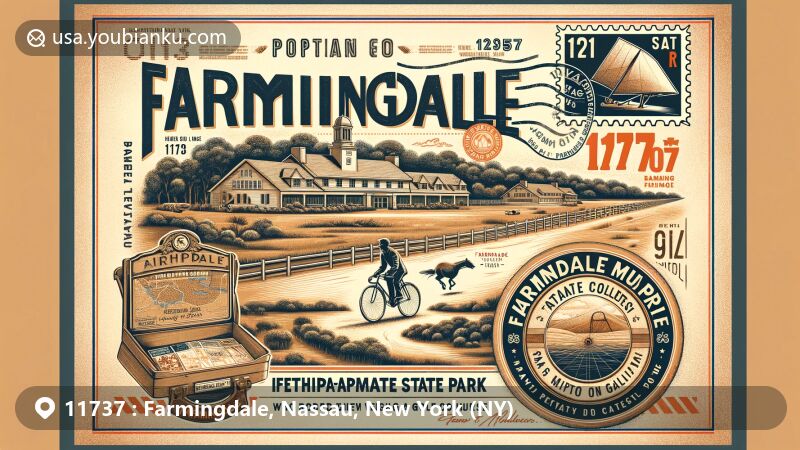 Modern illustration of Farmingdale, Nassau, New York, showcasing postal theme with ZIP code 11737, featuring Bethpage State Park, 'Mile-a-Minute Murphy' icon, and Farmingdale State College emblem.