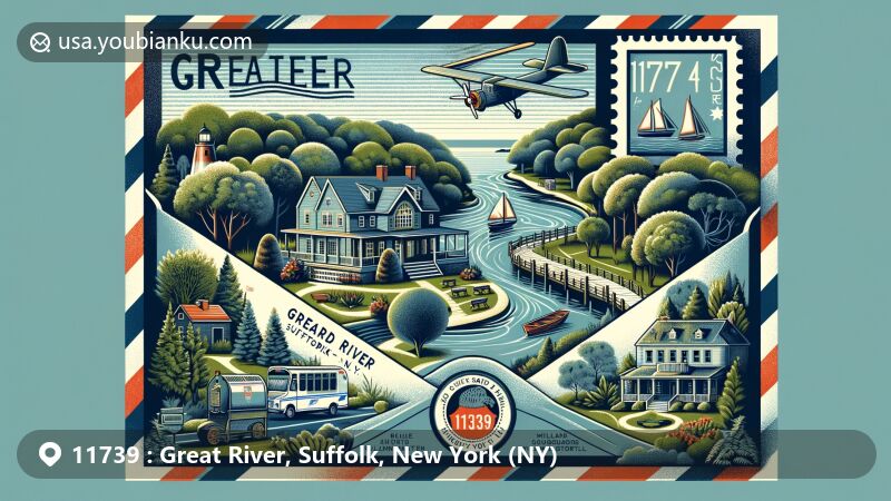 Modern illustration of Great River, Suffolk County, New York, portraying a stylized airmail envelope featuring Heckscher State Park, Bayard Cutting Arboretum, Montaukett Indian Nation, and William Nicoll's estate, integrated with postal elements like a vintage stamp with ZIP code 11739, a postmark representing Great River, NY, and an elegant mailbox or mail delivery vehicle, capturing the essence of the area's natural beauty and historical significance.