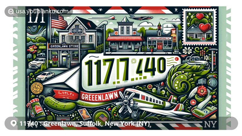 Modern illustration of Greenlawn, Suffolk County, New York, showcasing postal theme with ZIP code 11740, featuring Greenlawn Store and Pickle Festival elements, with NY state flag and Suffolk County outline in the background.