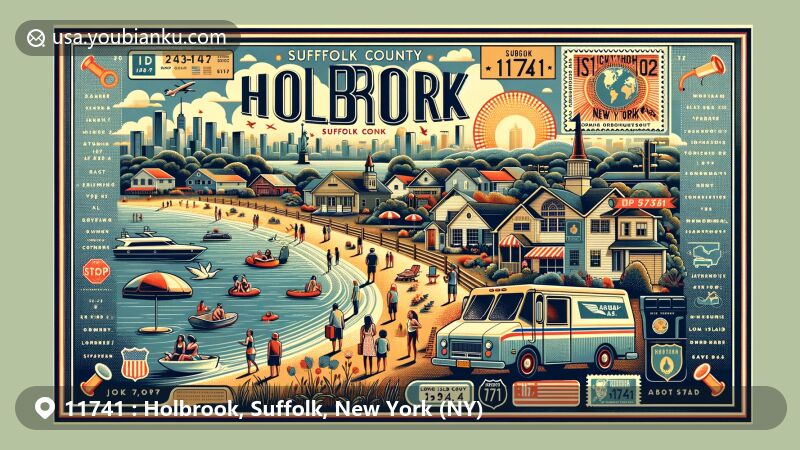 Modern illustration of Holbrook, Suffolk County, New York, representing ZIP code 11741, featuring Long Island MacArthur Airport, I-495, and New York State Route 454, with diverse outdoor activities reflecting population growth and family-centric culture.