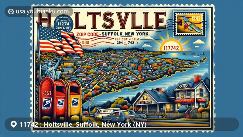 Modern illustration of Holtsville, Suffolk County, New York, featuring creative postal theme with ZIP code 11742, showcasing Holtsville's geographical layout, postal elements, state symbols, and local natural beauty.