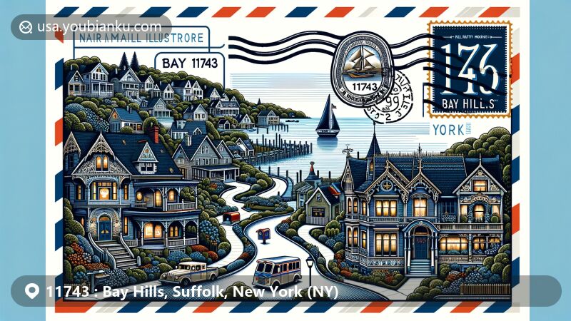 Illustration capturing the charm of Bay Crest Historic District in ZIP code 11743, Bay Hills, Suffolk, New York, featuring Victorian-era residences, winding lanes, and views of Northport Bay with postal theme elements like stamps and mail icons.