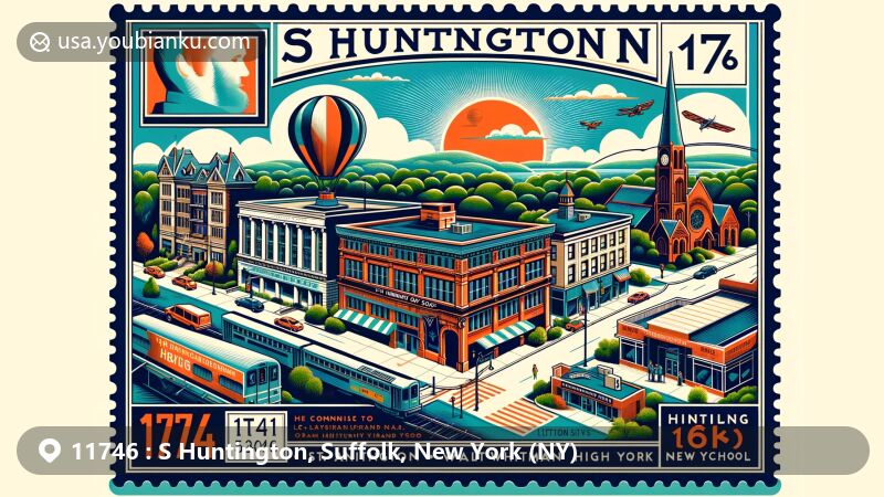 Modern illustration of S Huntington, Suffolk County, New York, showcasing Heckscher Museum of Art and Walt Whitman Shops, with emphasis on education and community, featuring St. Anthony's High School and Long Island connections.