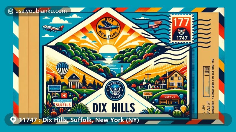 Modern illustration of Dix Hills, Suffolk, New York (NY) showcasing vibrant air mail envelope with ZIP code 11747, featuring lush green landscapes, affluent residential area, and cultural symbols hinting at rich history and Native American origins.