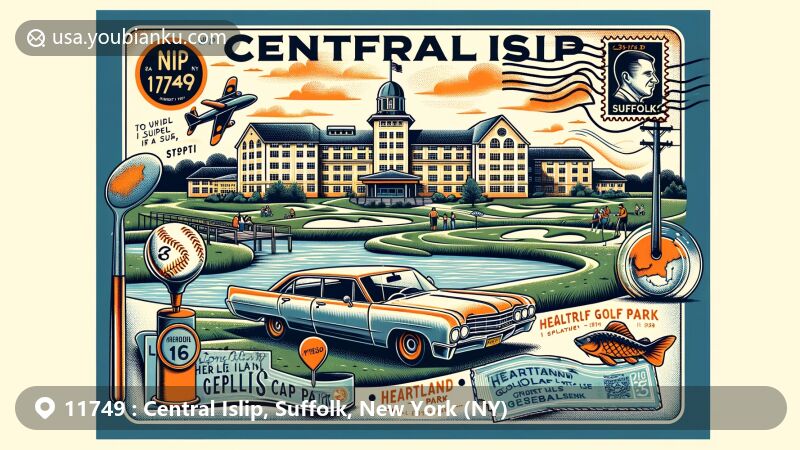 Modern illustration of Central Islip, Suffolk, New York, featuring Central Islip Psychiatric Center, Long Island Ducks baseball team, and Heartland Golf Park, with vintage postal theme incorporating ZIP code 11749.