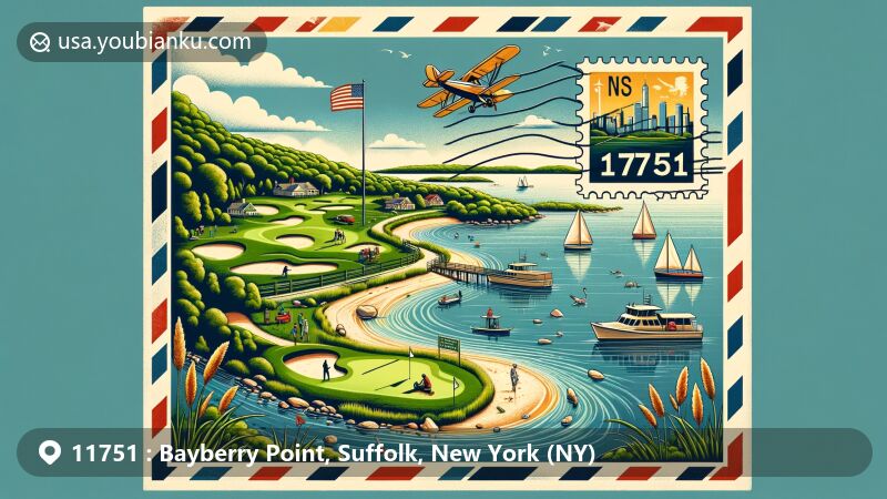 Vibrant depiction of Bayberry Point, Suffolk County, NY, in the 11751 ZIP code area, featuring Seatuck National Wildlife Refuge, scenic water views, and Heartland Golf Park with its iconic par-3 holes, creatively incorporating local maps, NY State flag, and postal elements.