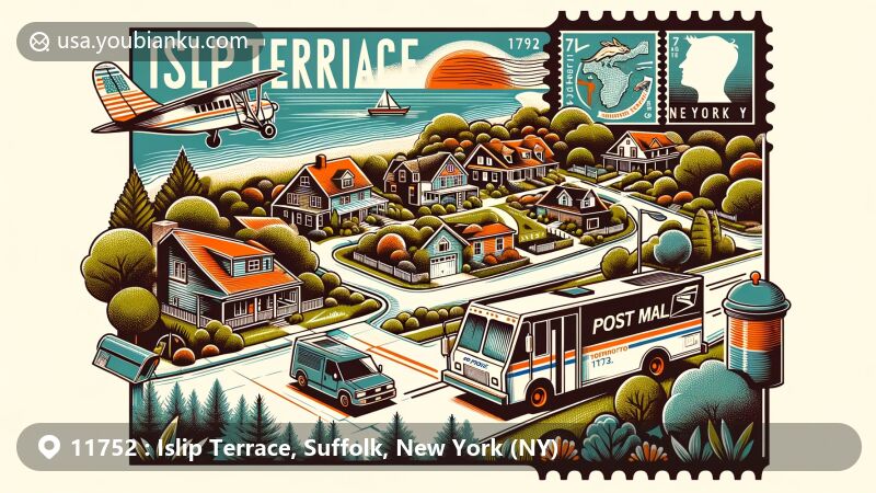 Modern illustration of Islip Terrace, Suffolk County, New York (NY), showcasing postal theme with ZIP code 11752. Features bird's eye view in a vibrant style, highlighting its location in Long Island, New York, and the USA. Includes elements representing the area's history and geography, like native forests and the transition from Germantown to Islip Terrace. Postal theme displayed through stylized postcard or airmail envelope, stamp with iconic landmarks, postal van, and mailbox. Balanced composition conveys geography and postal theme clearly and attractively, avoiding clutter.