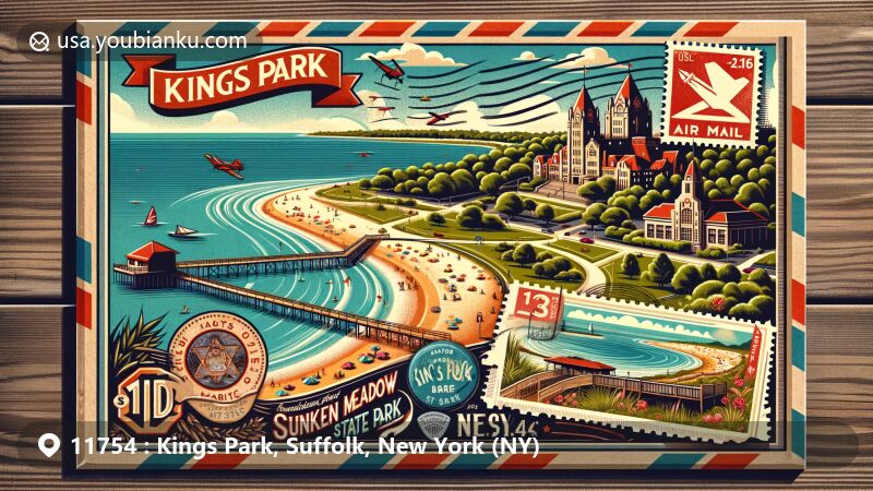 Modern illustration of Kings Park, New York, featuring Sunken Meadow State Park, Kings Park Bluff, and Kings Park Psychiatric Center, with vintage air mail envelope design incorporating postal elements like ZIP code 11754.