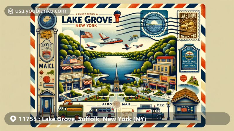 Creative representation of Lake Grove, Suffolk County, New York, blending key landmarks like Lake Ronkonkoma, Smith Haven Mall, and green parks in a vintage postcard background with postal elements.