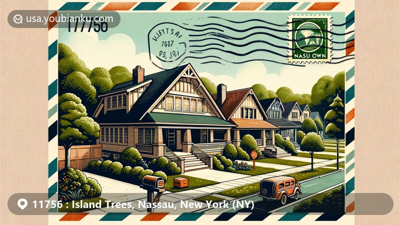 Modern illustration of Island Trees, Nassau County, New York with ZIP code 11756, featuring iconic Levittown houses, lush tree background, and symbolic elements of Nassau County.