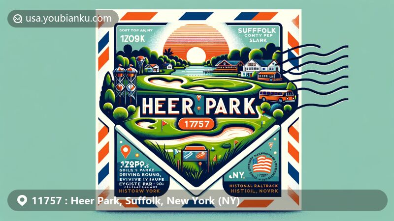 Modern illustration of Heer Park, Suffolk County, New York, capturing postal theme with ZIP code 11757, showcasing Heartland Golf Park and local historic symbols.