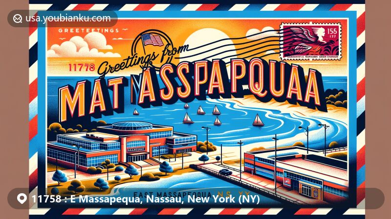 Modern illustration of East Massapequa, Nassau, New York, highlighting coastal beauty with Sunrise Mall and Massapequa High School, featuring classic postcard elements like NY state flag stamp, '11758' ZIP code, and 'Greetings from East Massapequa, NY,' resembling an airmail envelope.