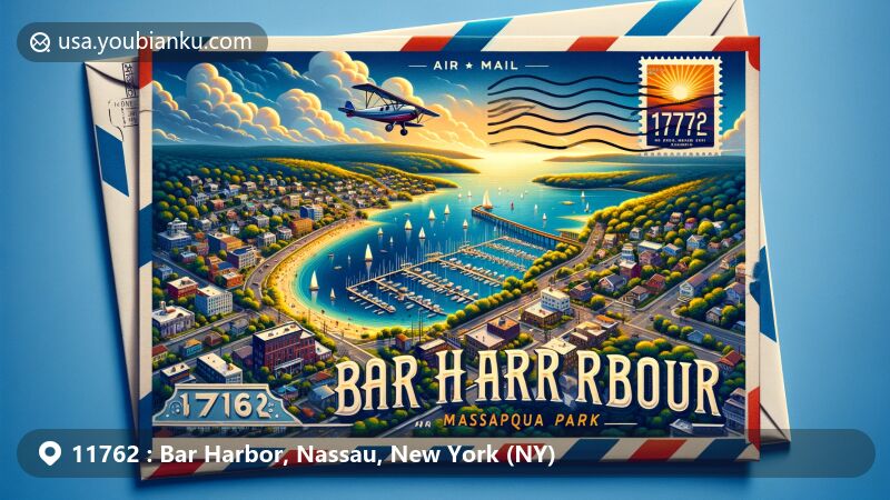 Modern illustration of Bar Harbor, Massapequa Park, Nassau County, New York, featuring a vibrant airmail envelope with scenic view of the community and hints of local amenities, set against the natural beauty of Nassau County and Massapequa Park.
