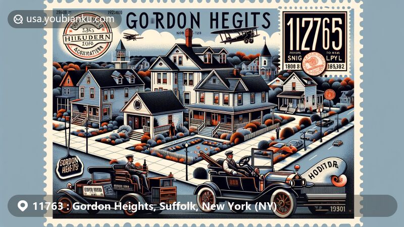 Modern illustration of Gordon Heights, Suffolk County, New York, featuring ZIP code 11763, showcasing community history, civic organizations, and postal elements, reflecting cultural diversity and geographical layout in a web-friendly style.