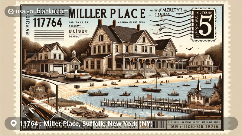Modern illustration of Miller Place, Suffolk County, New York, showcasing postal theme with ZIP code 11764, featuring historic district buildings, beachfront, and Mount Sinai Harbor.
