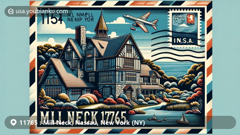 Modern illustration of Mill Neck, Nassau County, New York, featuring historic Mill Neck Manor, natural beauty of North Shore Long Island, including Mill Neck Creek Preserve, and postal elements with stamps and airmail style borders.