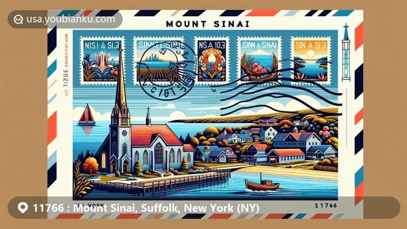 Modern illustration of Mount Sinai, New York, highlighting postal theme with ZIP code 11766, showcasing iconic landmarks like Mount Sinai Congregational Church, Cedar Beach, and view of Mount Sinai Harbor from Chandler Estate.