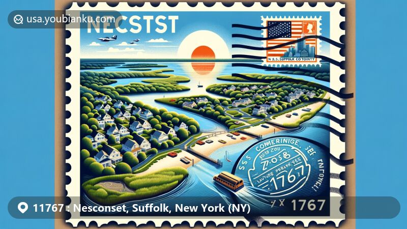 Modern illustration of Nesconset, ZIP code 11767, Suffolk County, New York, featuring W.S. Commerdinger, Jr. County Park, Lily Ponds Park & Nature Preserve, and postal heritage.