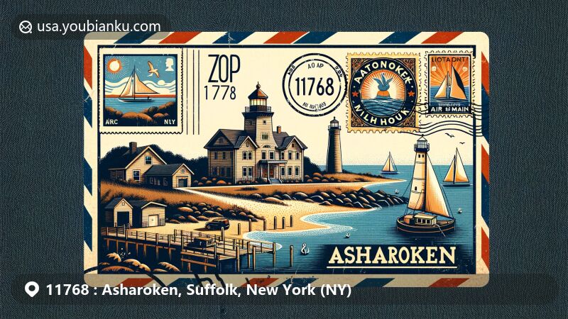 Modern illustration of Asharoken, Suffolk County, New York, capturing the isthmus connecting Northport and Eaton's Neck, with Northport Bay and Long Island Sound in the backdrop, featuring Asharoken Village Hall and Eatons Neck Lighthouse.