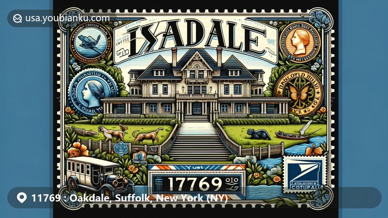 Modern illustration of Oakdale, Suffolk County, New York, featuring iconic Vanderbilt Idle Hour Mansion and postal elements, showcasing ZIP code 11769 and historic Gilded Age connections.