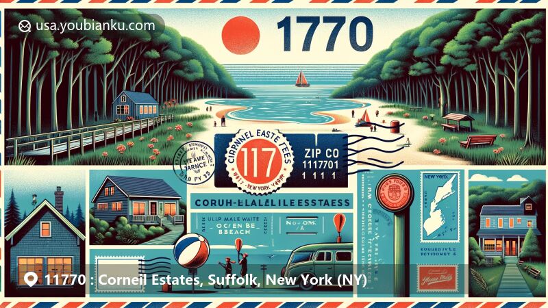 Modern illustration of Corneil Estates, Suffolk County, New York, showcasing postal theme with ZIP code 11770, featuring lush wooded areas, winding boardwalks, 'Trangle Ball' game, and small community feel, hinting at natural beauty and proximity to Ocean Beach.