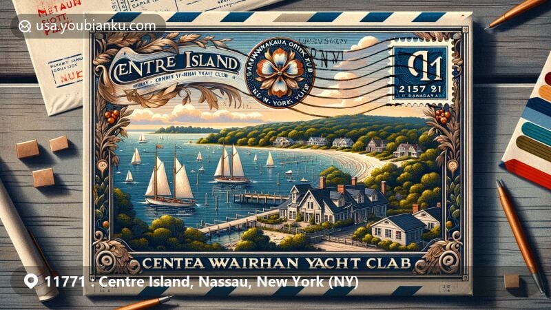 Modern illustration of Centre Island, Town of Oyster Bay, Nassau County, NY, highlighting serene natural beauty and coastal charm with a vintage air mail envelope featuring Seawanhaka Corinthian Yacht Club postage stamp and '11771' ZIP code.