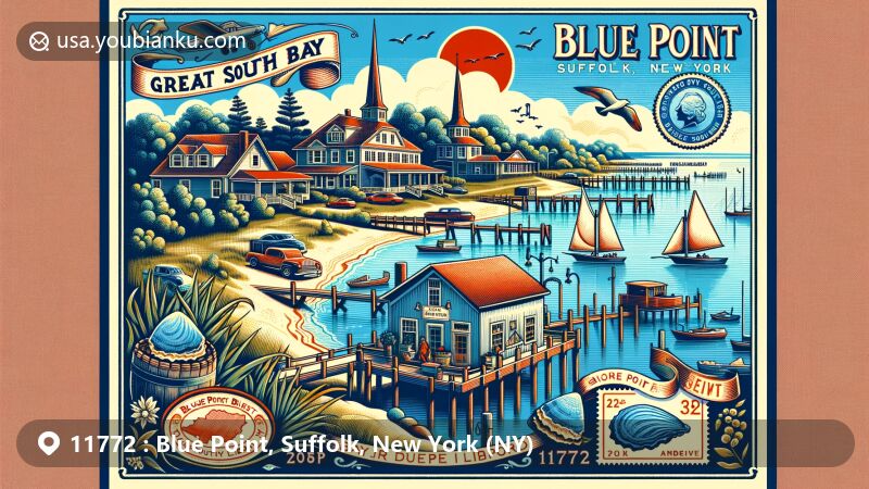 Modern illustration of Blue Point, Suffolk, New York, showcasing postal theme with ZIP code 11772, featuring Great South Bay scenery, oyster industry symbol, and cultural landmarks like Bayport Blue Point public library and nature reserve.