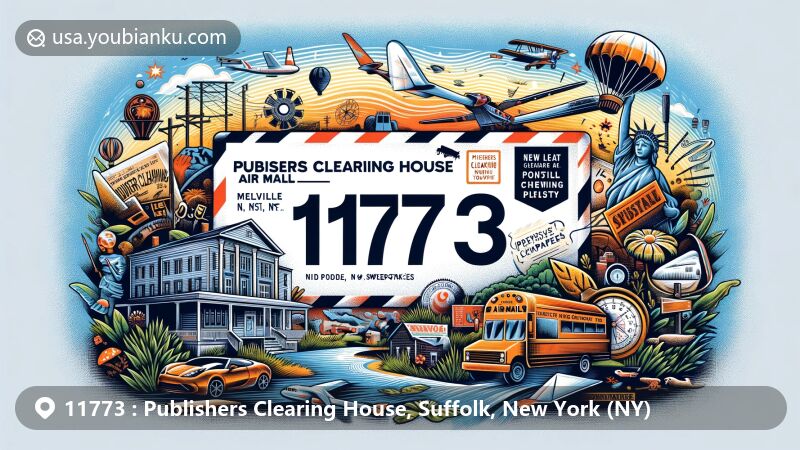Modern illustration of Melville, Suffolk County, New York, featuring creative air mail envelope design with prominent display of ZIP code 11773, symbolizing connection to Publishers Clearing House and local landmarks.