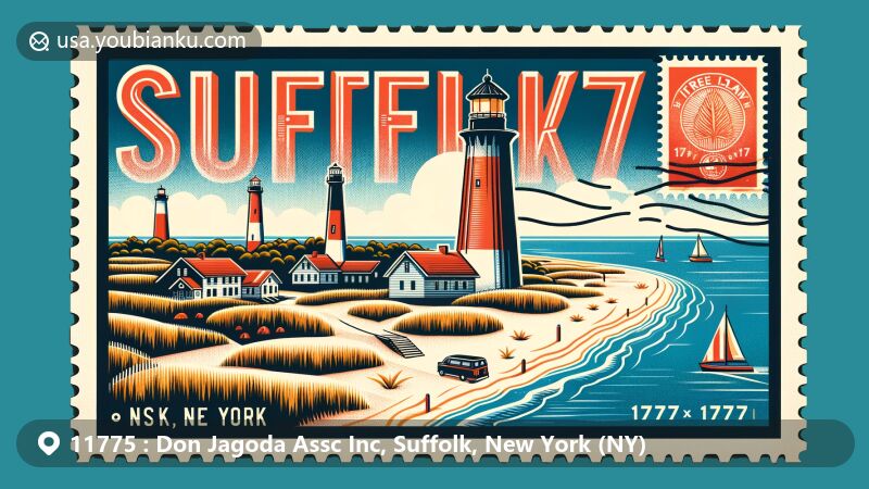 Modern illustration of Suffolk County, New York, highlighting Fire Island Lighthouse and Montauk Point Lighthouse, with coastal scenery and postal theme showcasing ZIP code 11775.