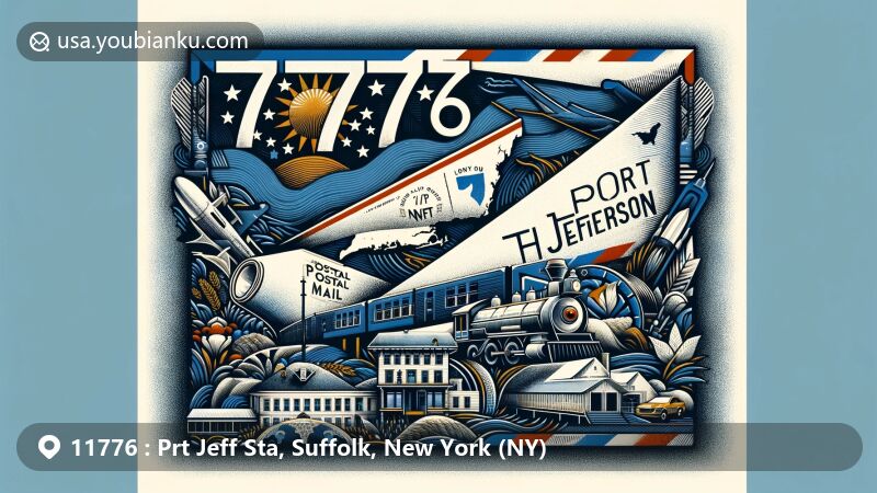 Modern illustration of Port Jefferson Station, Suffolk County, New York, showcasing creative postal theme with local symbols, including Suffolk County outline, LIRR symbol, and stylized landmarks, integrated with New York state flag and ZIP code 11776.