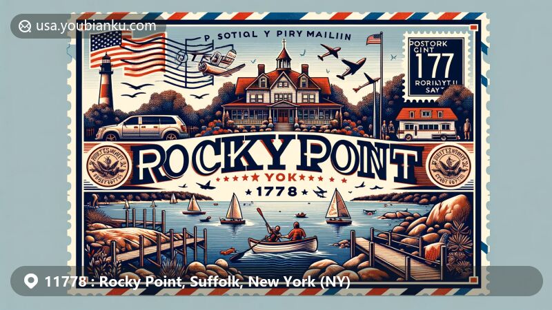 Modern illustration of Rocky Point, Suffolk County, New York, representing outdoor activities and historic landmarks, featuring Peconic Bay, William Ketcham House Museum, and local community atmosphere.
