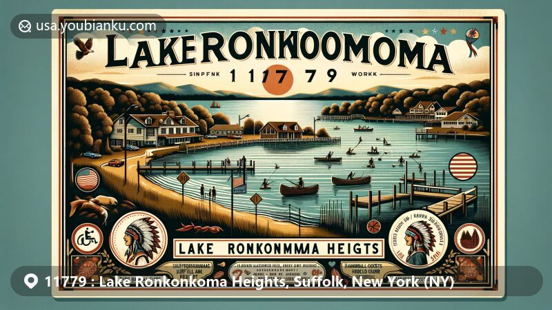 Modern illustration of Lake Ronkonkoma Heights, Suffolk County, New York, capturing the essence of vintage postcard style with the largest freshwater lake on Long Island and Lake Ronkonkoma County Park in the background.