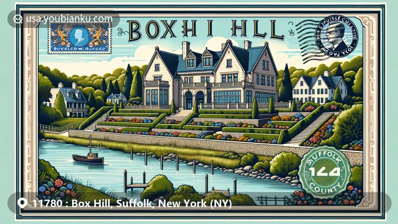 Modern illustration of Box Hill, Suffolk County, New York, showcasing Box Hill Estate surrounded by lush greenery, Nissequogue River, and Suffolk County map outline, featuring ZIP code 11780 in a postcard design with decorative border.