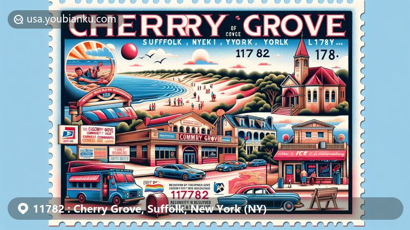 Modern illustration of Cherry Grove, Suffolk, New York (NY), showcasing the Cherry Grove Community House and Theatre, beaches, 'The Meat Rack' dunes, vibrant nightlife with Grove Hotel and Ice Palace nightclub, natural beauty of barrier island with ocean views, postal theme with ZIP code 11782.