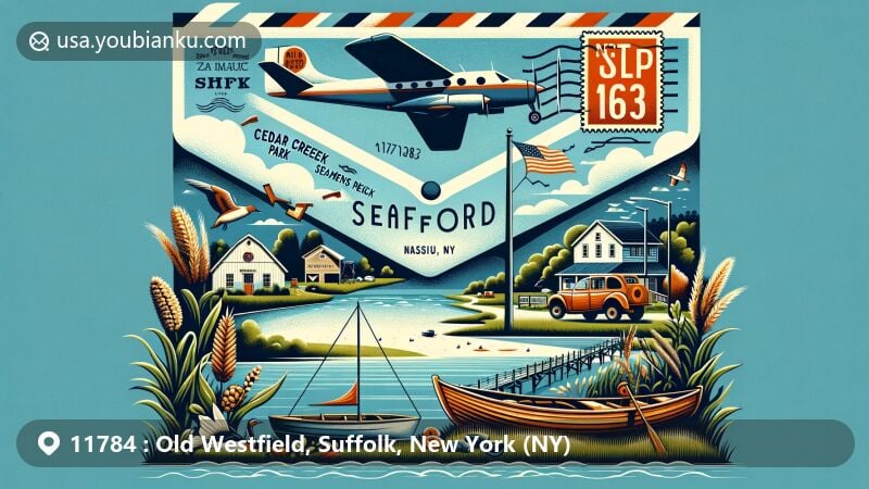 Modern illustration of Selden area, Suffolk County, New York, with ZIP code 11784, featuring Ammerman Campus of Suffolk County Community College and historic Bicycle Path, combining local landmarks and postal themes.