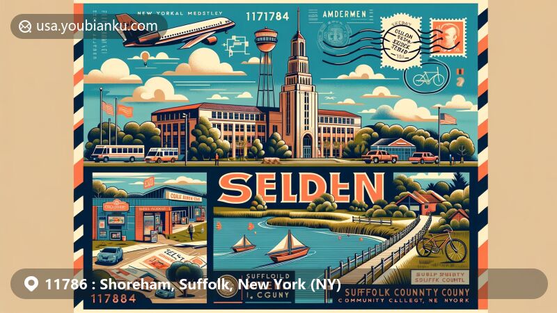 Modern illustration of Shoreham, Suffolk County, New York, capturing the essence of ZIP code 11786 with nods to Wardenclyffe Tower, a sensory garden, and postal motifs like air mail envelope and postage stamp.